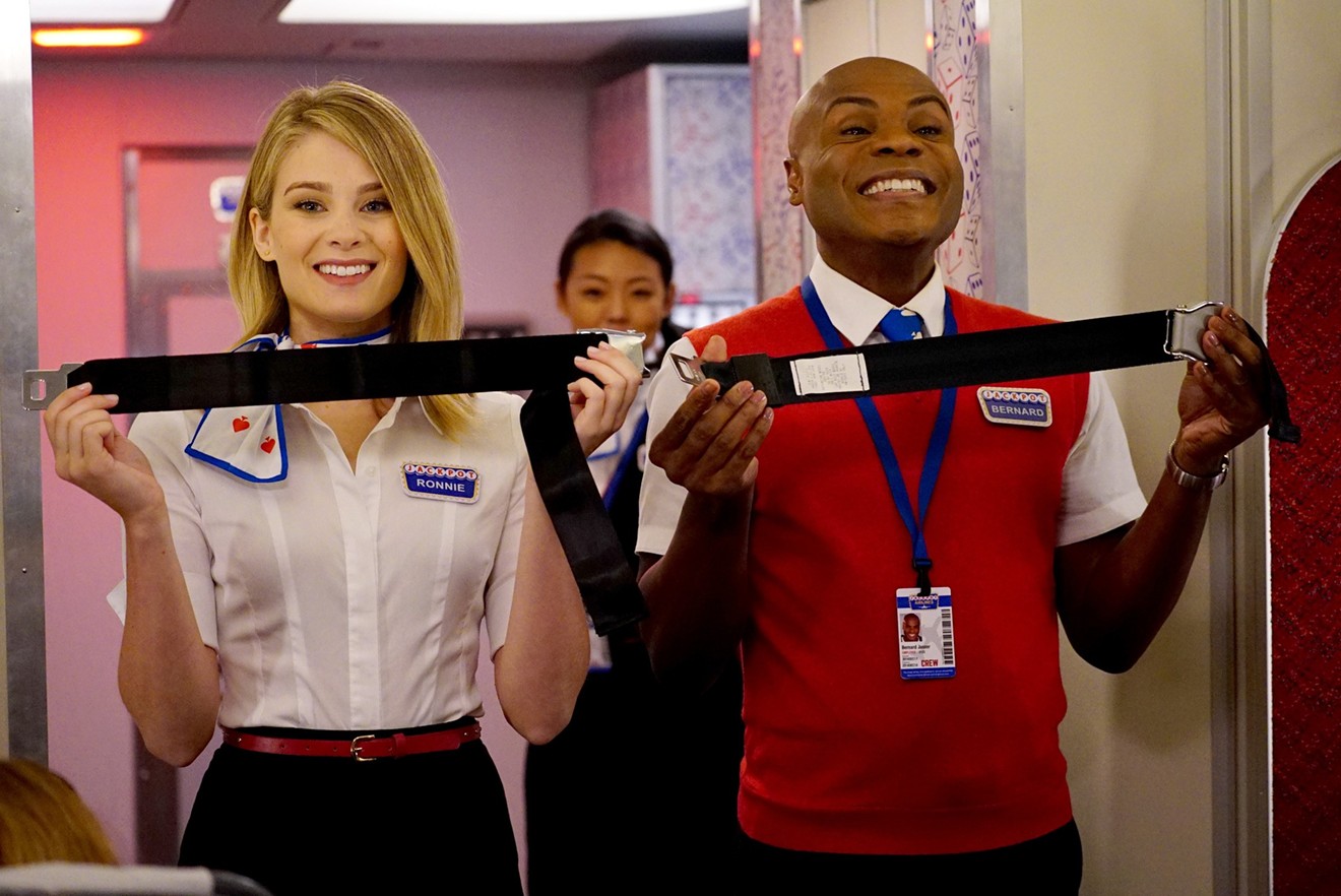 Kim Matula (left) and Nathan Lee Graham are two of the "stars" in LA to Vegas, a workplace comedy about a flight crew that regularly travels the cursed route between the two title towns.