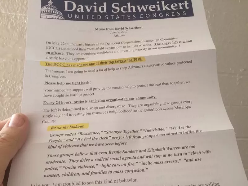 Image: A fundraising letter sent by Rep. David Schweikert claims that Indivisible groups are "determined to inflict the kind of violence we have never seen before." The full letter (which goes on for several pages) can be viewed and downloaded at the bottom of this page.