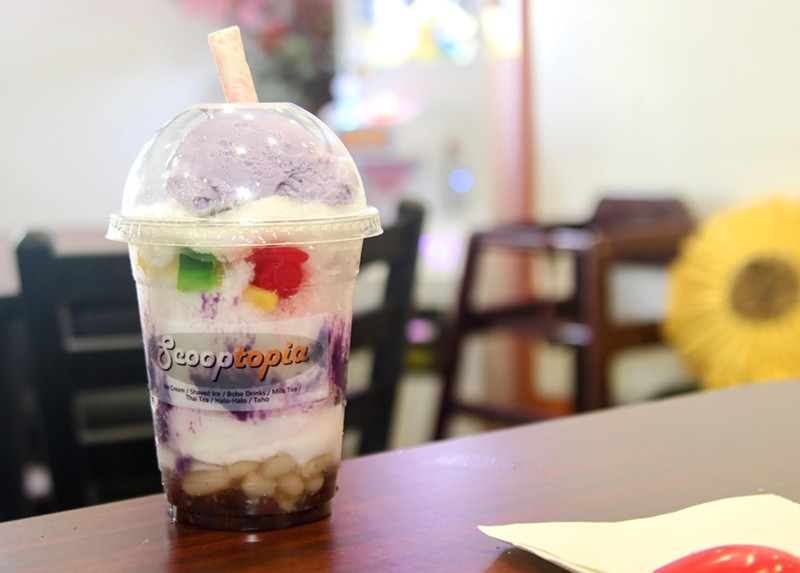 Halo-halo, a refreshing layered dessert drink, is Scooptopia's specialty.