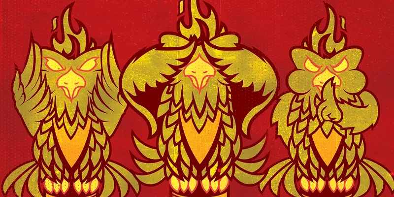 Image: three phoenix birds — one covering its eyes, one covering its ears and one putting a feather to its mouth to say "shhhh"