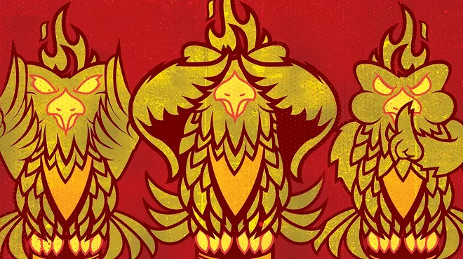 three phoenix birds — one covering its eyes, one covering its ears and one putting a feather to its mouth to say "shhhh"