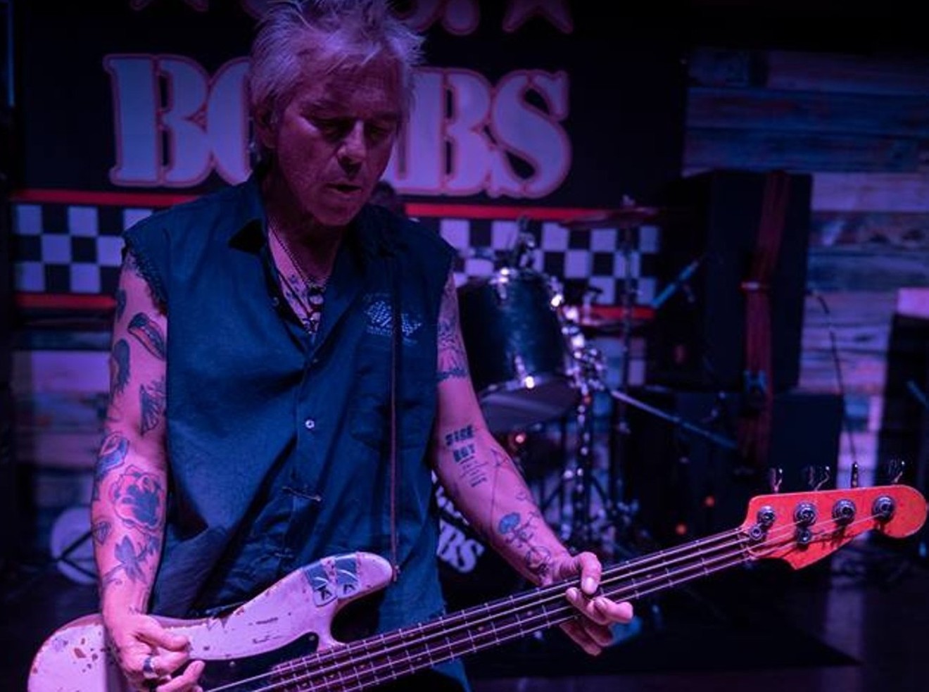 Steve "Stevie D" Davis rocking out on his prize bass at a U.S. Bombs show in 2018.