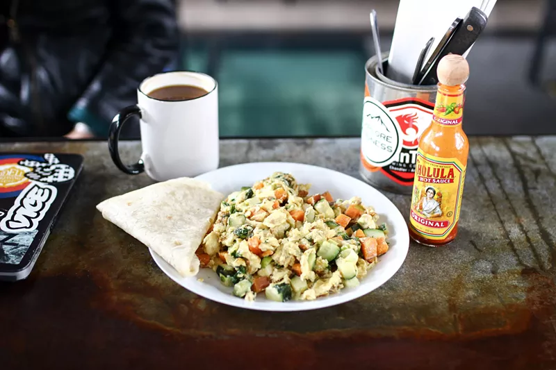 Image: The veggie scramble and a fresh cup of drip from Sip.