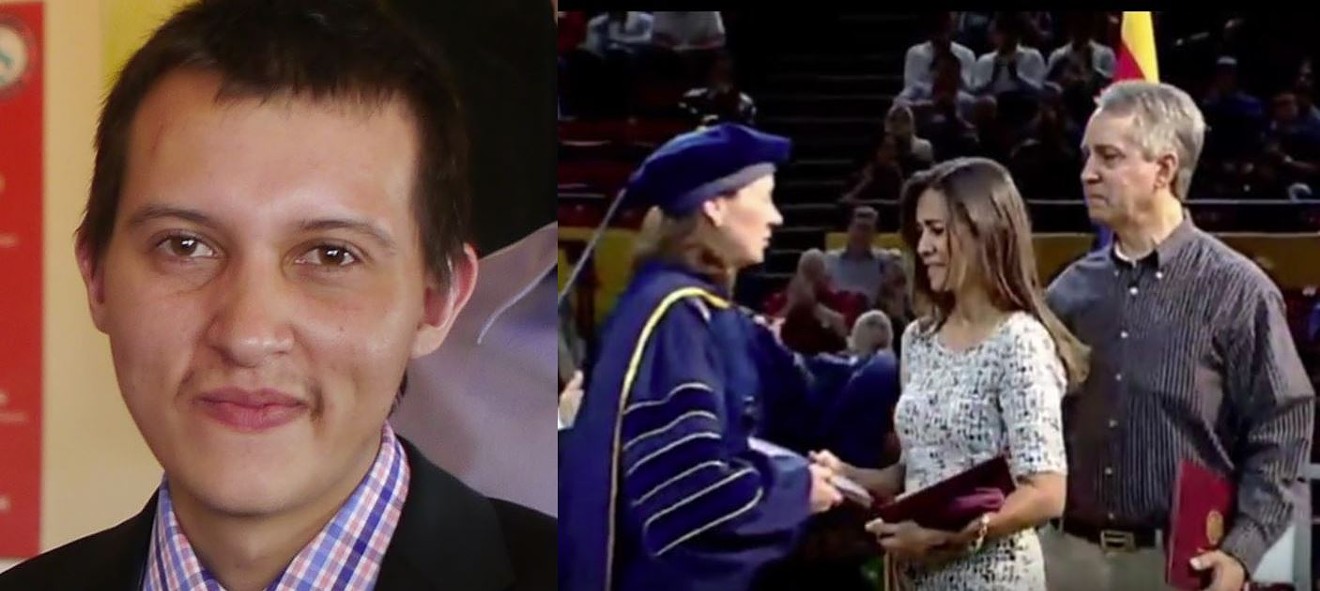 Shane Mullins (left); Tessie and Guy Mullins accept Shane's ASU diploma in December 2017, a month after his death (right).