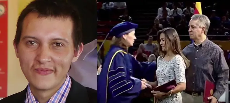 Image: Shane Mullins (left); Tessie and Guy Mullins accept Shane's ASU diploma in December 2017, a month after his death (right).