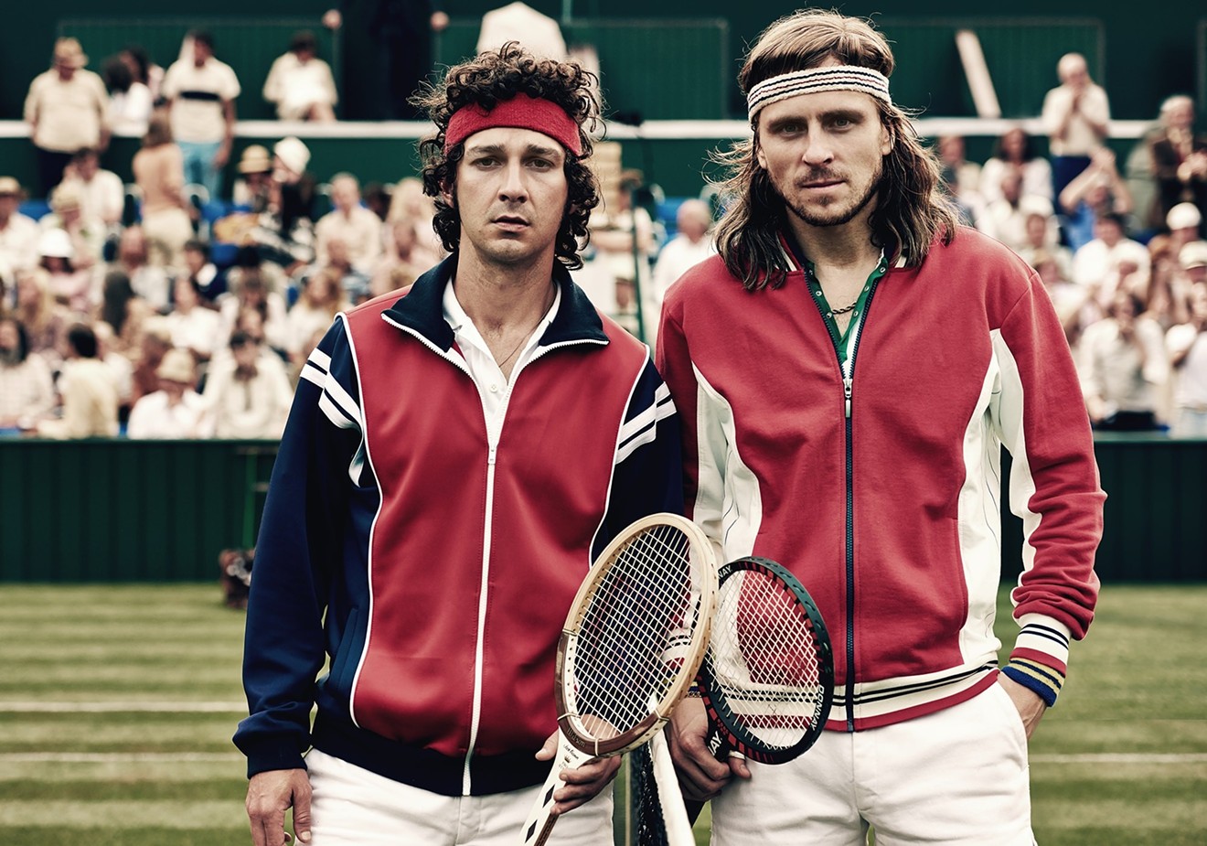 Shia LaBeouf (left) plays John McEnroe, the hotheaded,  filthy-mouthed tennis star, and Sverrir Gudnason is Bjorn Borg, the Swede looking to win his record-breaking fifth Wimbledon championship, in Janus Metz’s Borg vs. McEnroe.