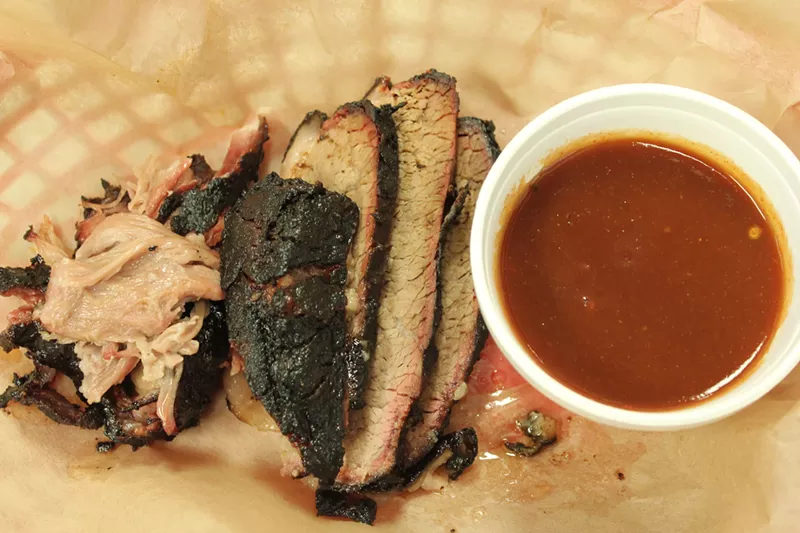 Image: Left to right: pulled pork, burnt end, fatty/lean brisket.