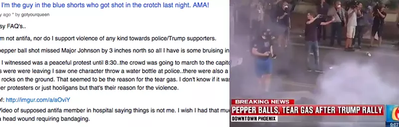 Image: A demonstrator's posts on Reddit may have led police to identify him as the suspect who kicked a gas canister at officers after the Trump rally on Tuesday night.