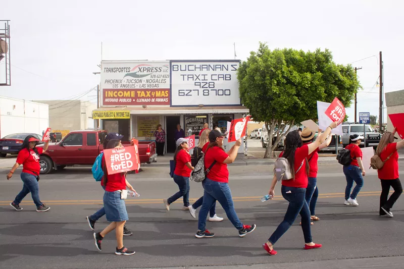 Image: Teachers march in the small border town of San Luis, Arizona.