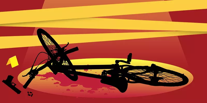 Image: a illustrated silhouette of a bike on the ground with blood around it, under a spotlight