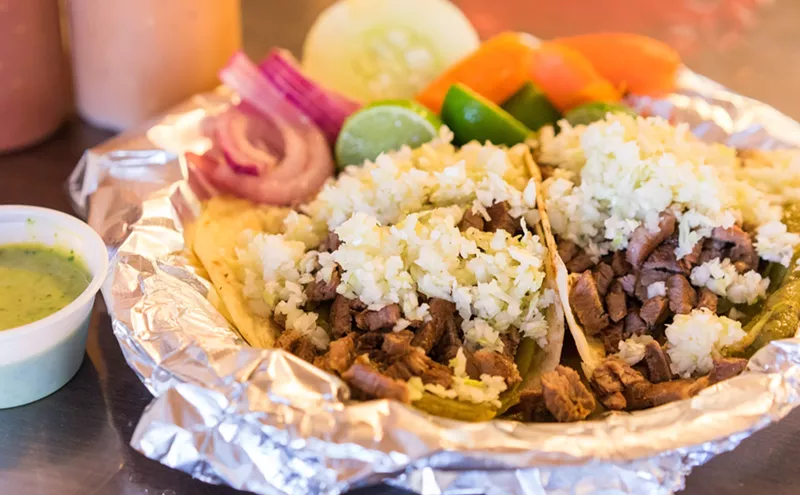 Image: Taco Summer: "Macho Tacos" Loaded with Whole Chile, Monterey Jack, Cabbage, and Carne Asada