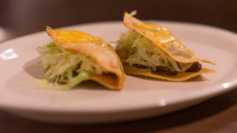Image: Casa Reynoso crispy shell shredded beef tacos.
