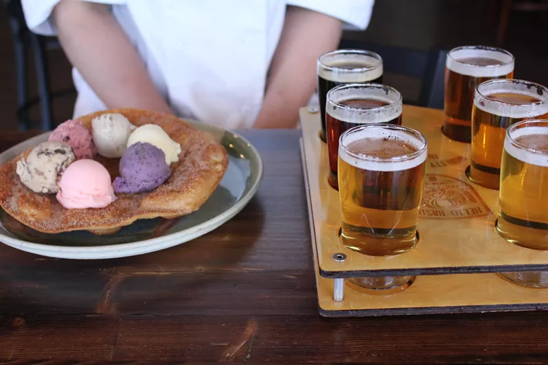 Image: A flight of six brews at Helio Basin, paired with a flight of six ice cream scoops.