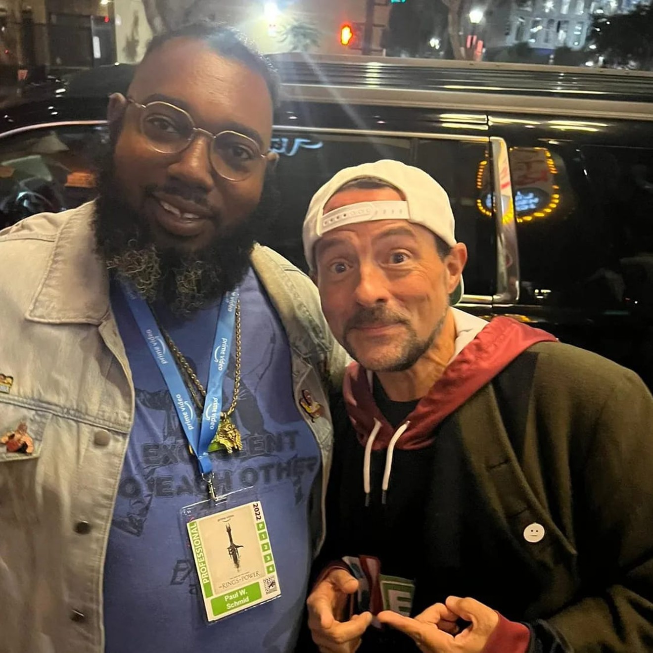 Teek Hall: "This was also on my bucket list to meet with Kevin Smith (right)."