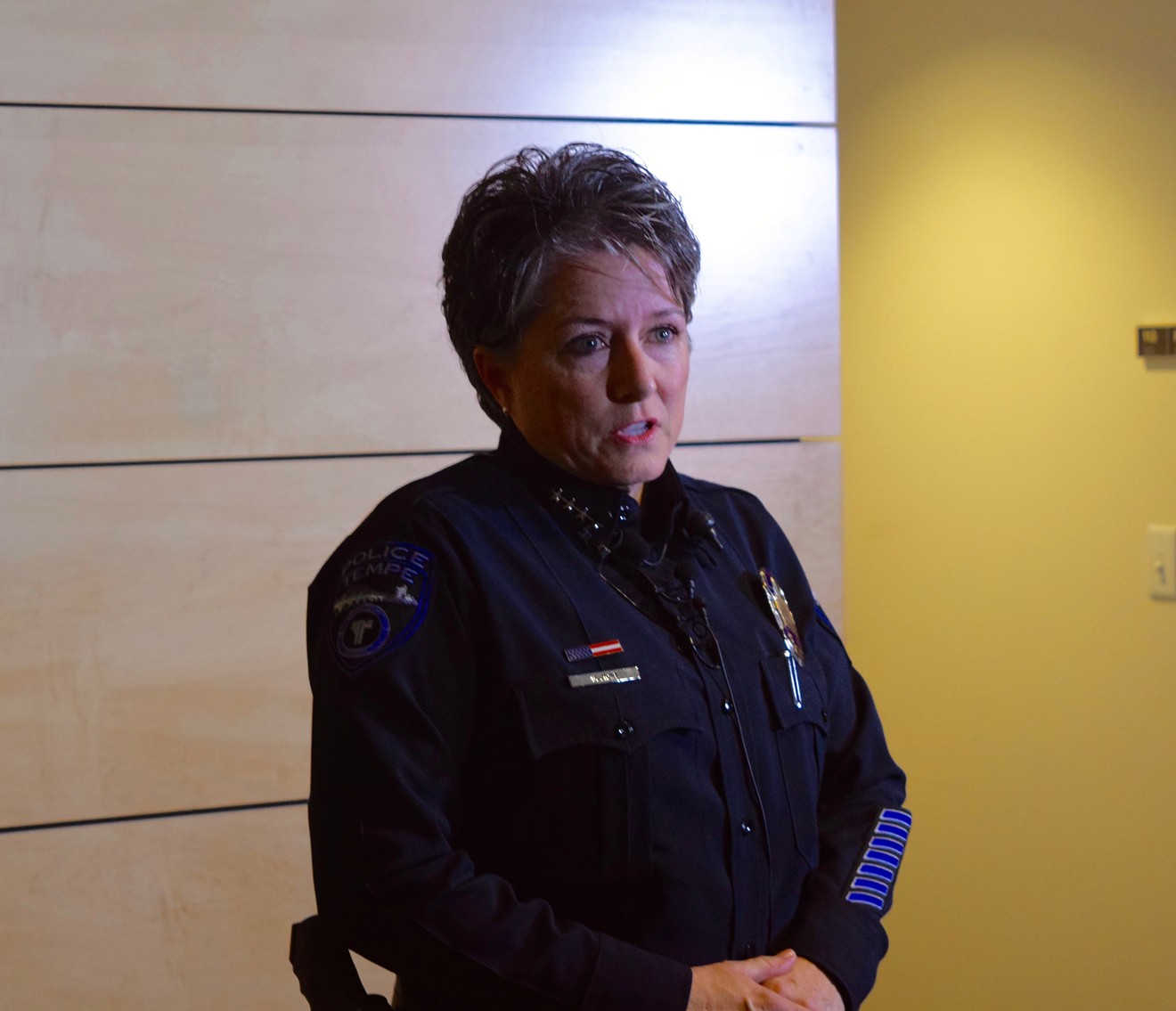 Tempe Police Chief Sylvia Moir addresses the media at police headquarters on November 15.
