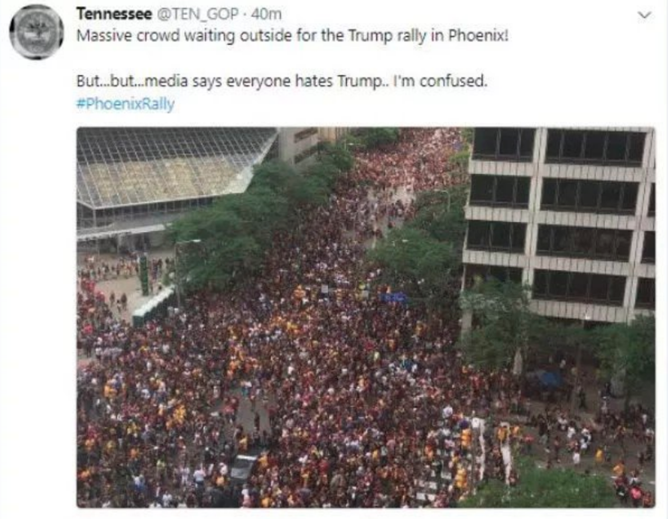 This fake photo, intended to show crowds of Trump supporters in Phoenix on August 22, was the work of a Russian company that produces fake web content.