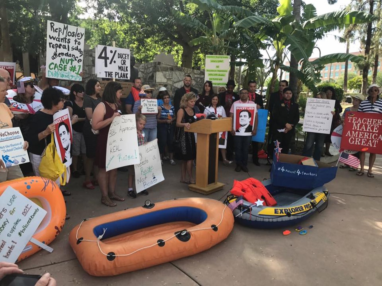 Teachers protested Rep. John Allen's remarks by bringing a flotilla of boats to the state Capitol.