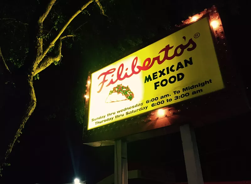 Image: With some locations open late and others open 24 hours, Filiberto's signs shine like beacons in the night.
