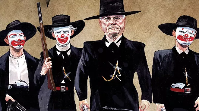 in the style of the tombstone movie poster, jerry sheridan walks as wyatt earp alongside deputies with clown faces