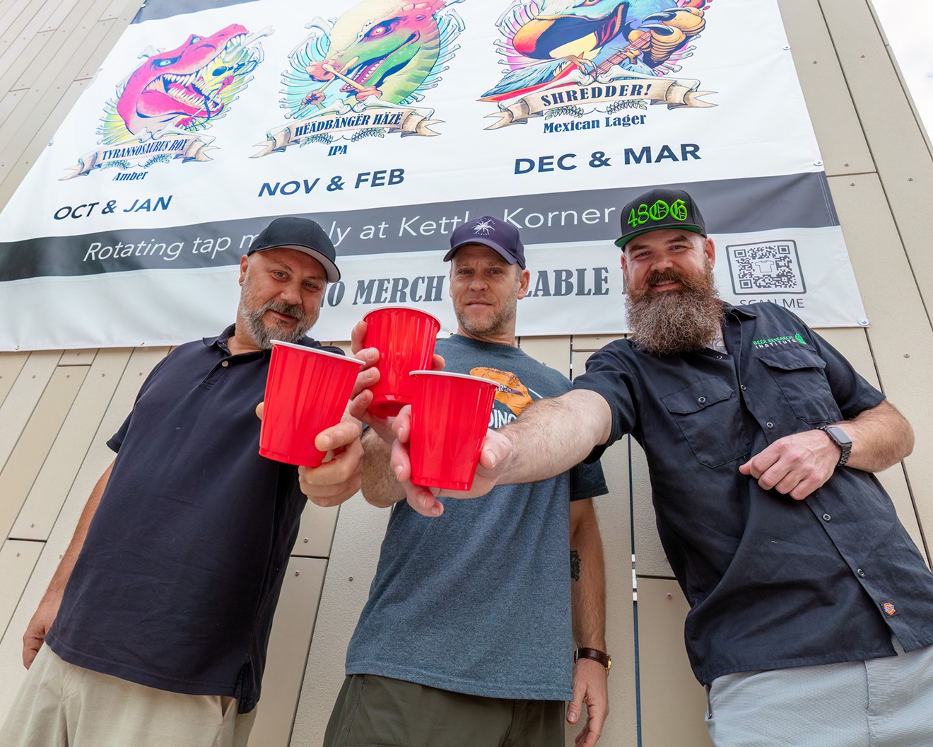 Jay Fotos (l), Matt Strangwayes, and Mark Larue (r) are ready to celebrate! The Dinosaur Band is back together at the Phoenix Zoo and they are bring the beer.