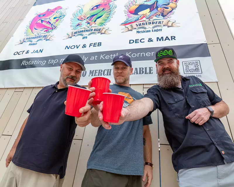Image: Jay Fotos (l), Matt Strangwayes, and Mark Larue (r) are ready to celebrate! The Dinosaur Band is back together at the Phoenix Zoo and they are bring the beer.