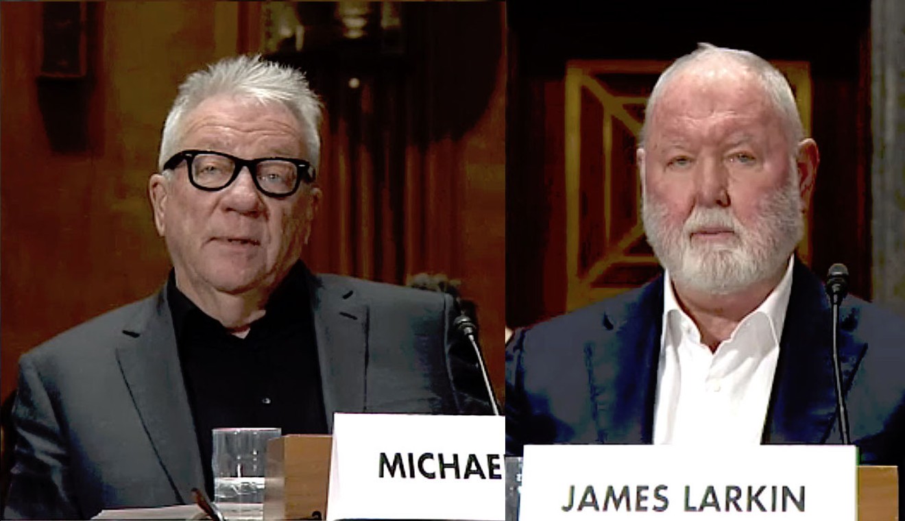 Phoenix New Times co-founders and former Backpage.com owners Michael Lacey (left) and Jim Larkin, invoking their First and Fifth Amendment rights before a Senate panel on January 10.