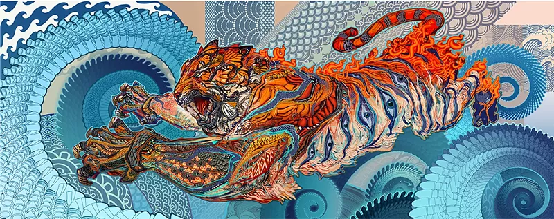 Image: Android Jones, Tiger Swallow Tail, 2015, Digital print on canvas, 30 x 75.5 inches (detail).