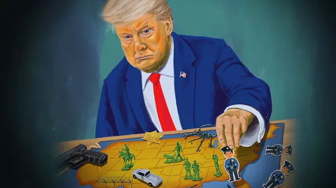 an illustration of trump at a game board shaped like the united states, moving cops and army pieces around