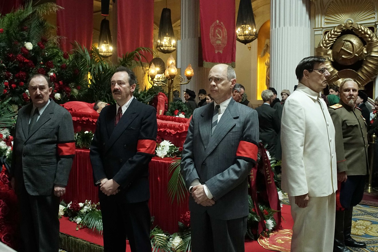 Steve Buscemi (third from left) plays an awkwardly scheming Nikita Khrushchev, who sounds curiously like a mousy Brooklyn wise-ass, in Armando Iannucci’s foul-mouthed and funny The Death of Stalin.