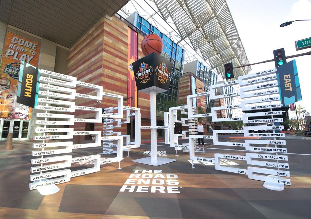 A giant NCAA tournament bracket outside the Phoenix Convention Center downtown
