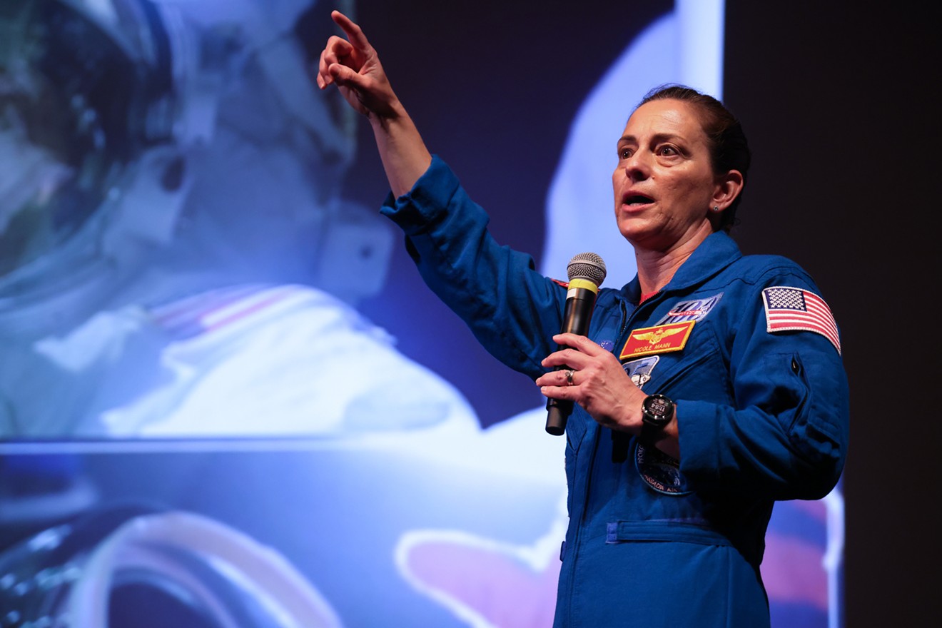 Marine Col. Nicole A. Mann, NASA’s first Indigenous woman in space, speaks to students at Estrella Mountain Community College about her journey to becoming an astronaut at the college’s performing arts center in Avondale on March 26, 2024.