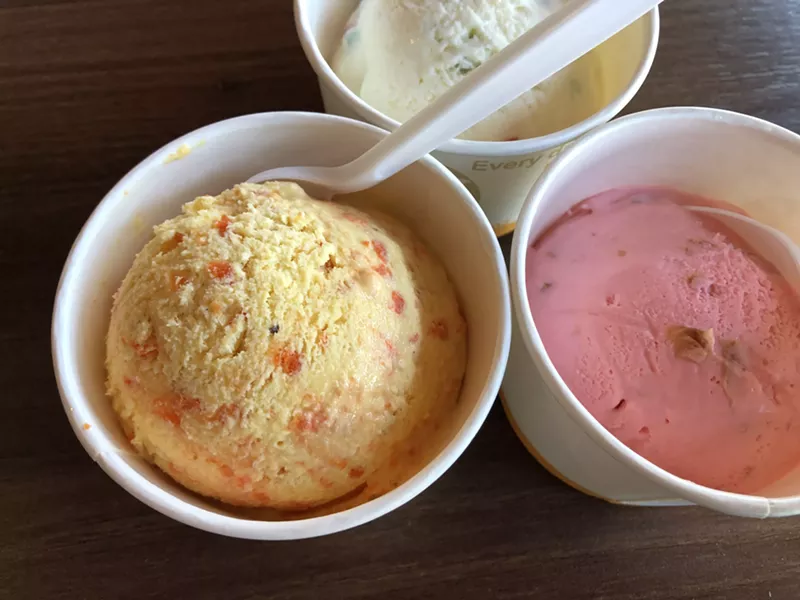 Image: Carrot halwa, gulkand (rose petal jam), and tutti frutti ice cream flavors from Curry & Scoop.