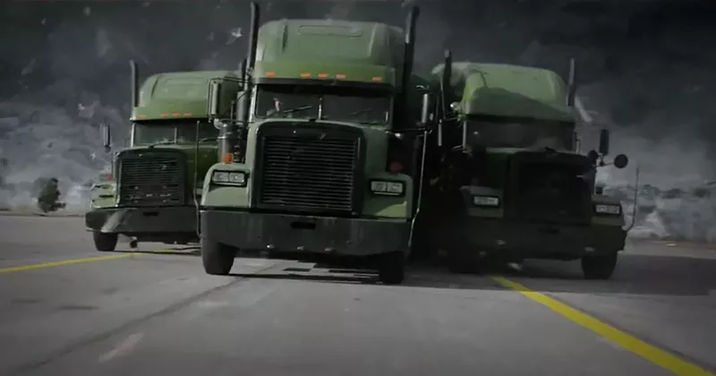 Image: An elaborate truck chase is only one of the many entertaining elements that fills The Hurricane Heist, director Rob Cohen's ideal dumb-fun concept of a movie that sometimes feels like a clearinghouse for '90s action movie cliches.