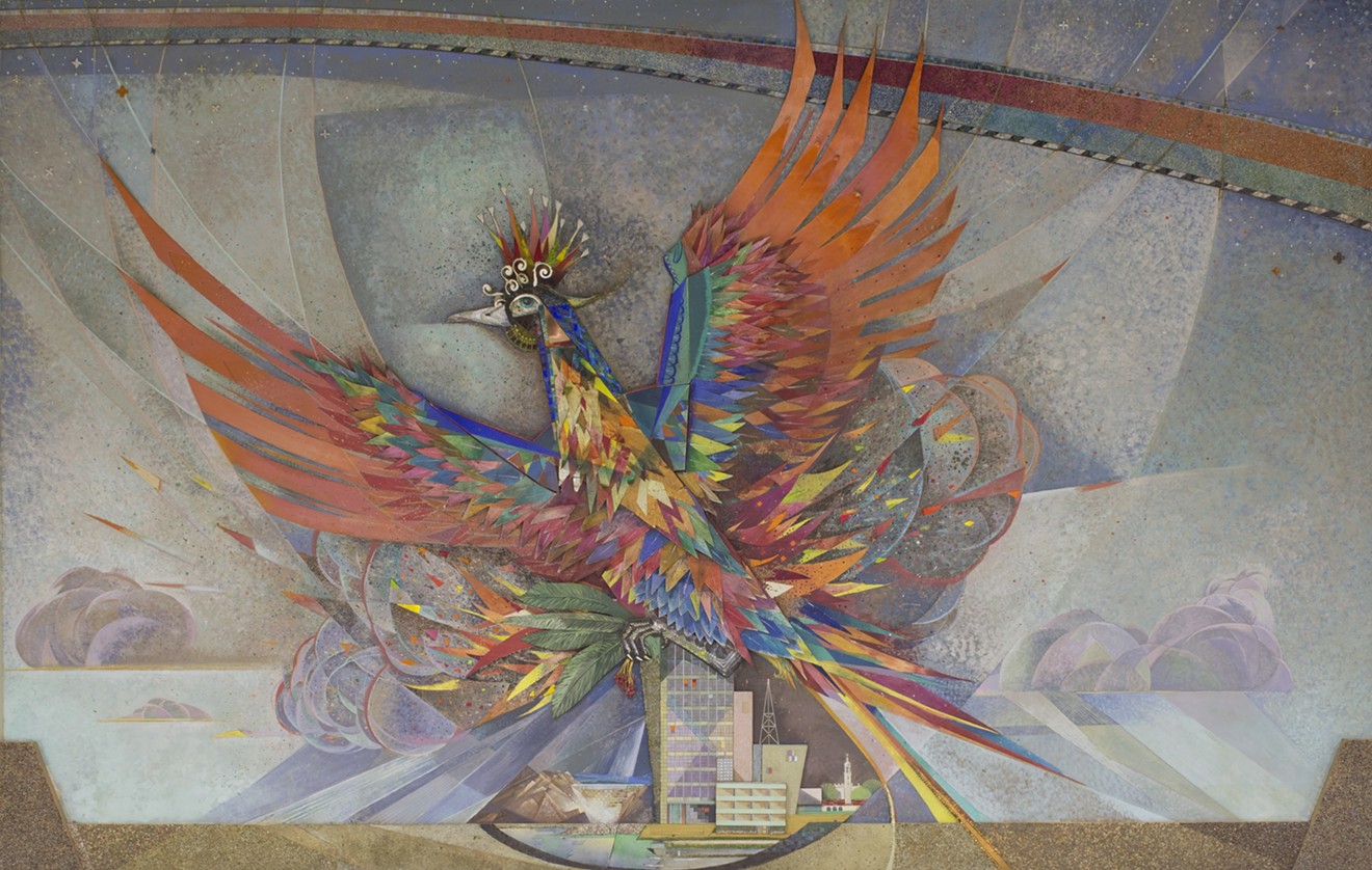 This is the central panel of Paul Coze's The Phoenix mixed-media mural.