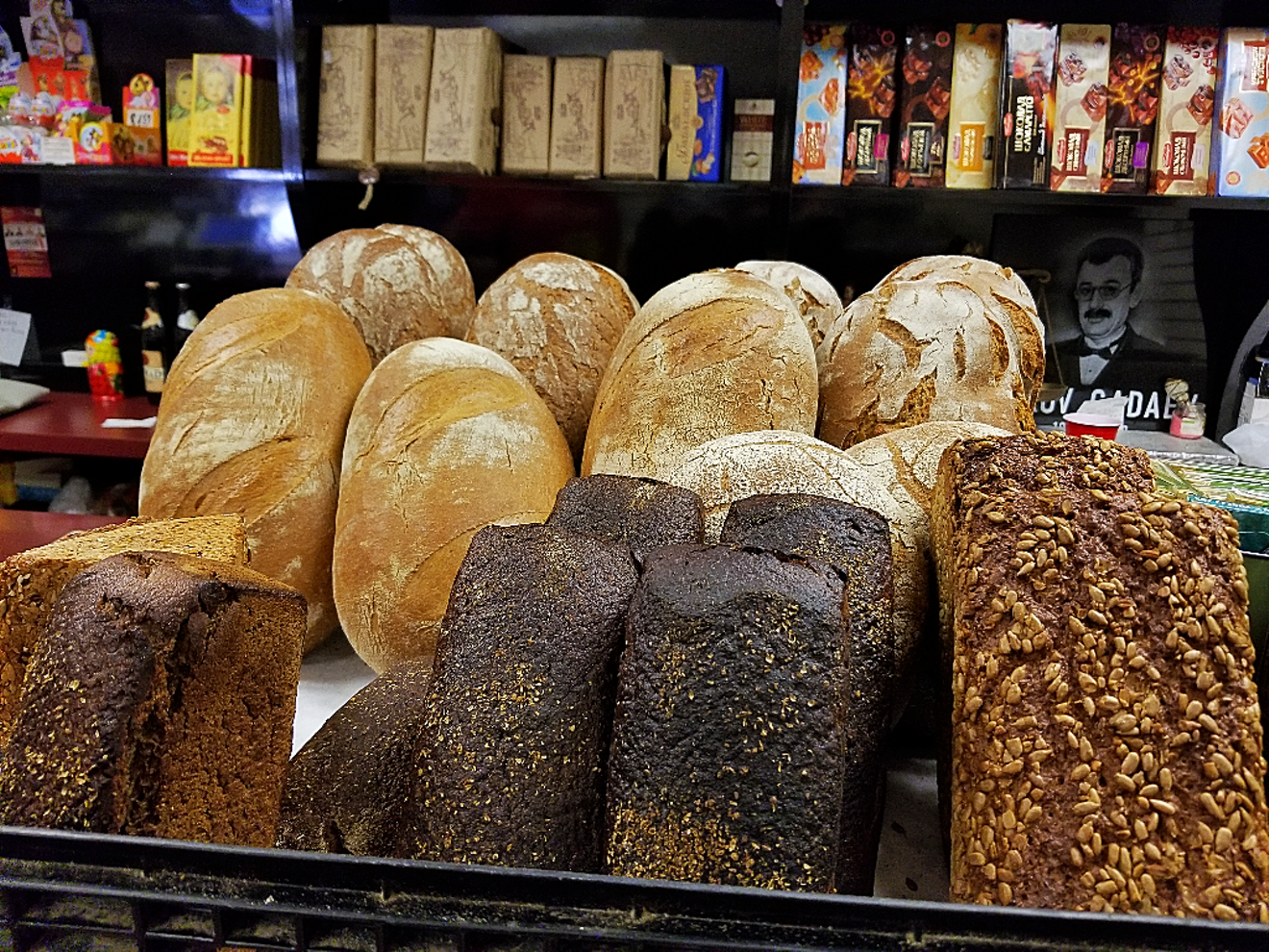 Fresh-baked rye bread loaves are a signature item at this classic Phoenix market.