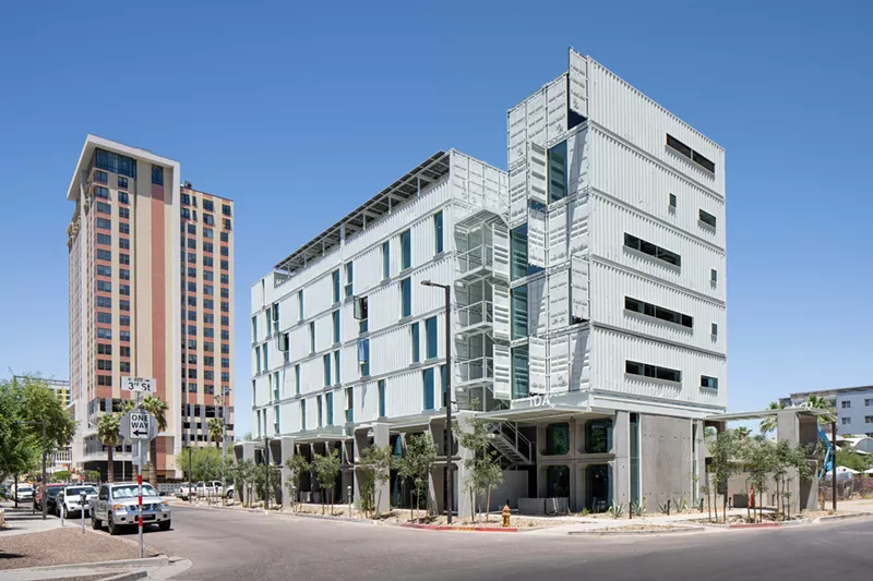 Image: If you’ve had a chance to drive by the northwest corner of Third and McKinley Streets recently, you might have noticed what is now the tallest development built from shipping containers in North America.