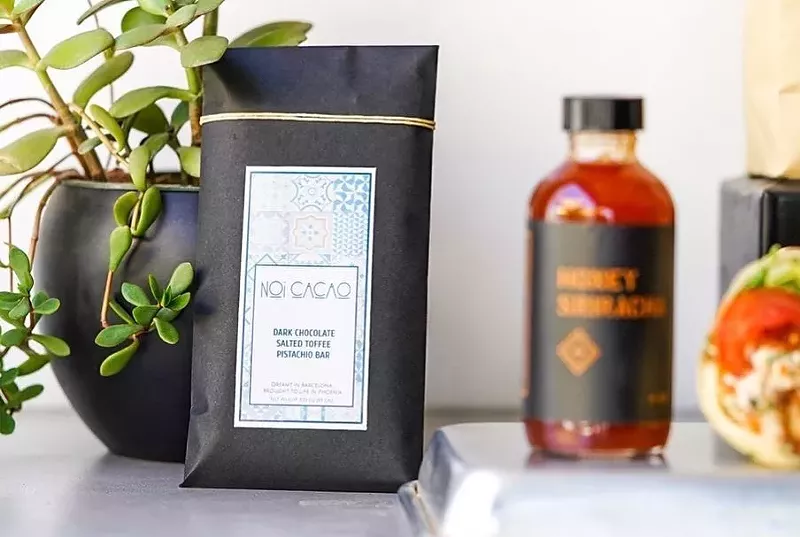 Image: The Dark Chocolate Salted Toffee Pistachio Bar from local chocolatier Alex Olmos Axelson.