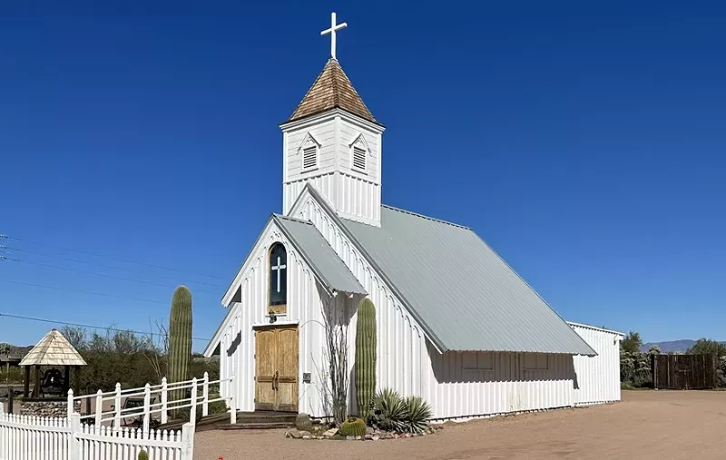 Image: The "Elvis Chapel" at Superstition Mountain and Lost Dutchman Museum includes a notable steeple.