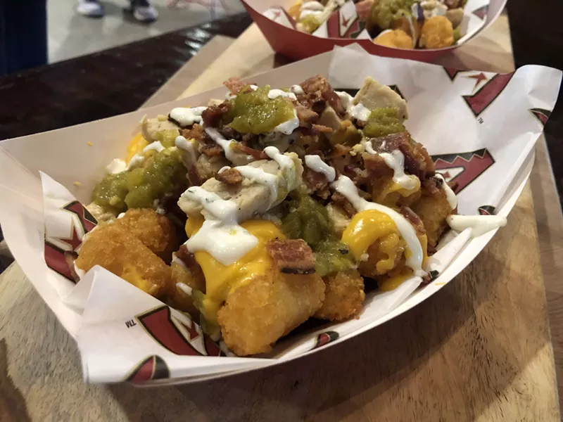 Image: Look for the 505 Southwestern green chile, chicken, bacon, nacho cheese, and ranch tots this season at Chase Field.