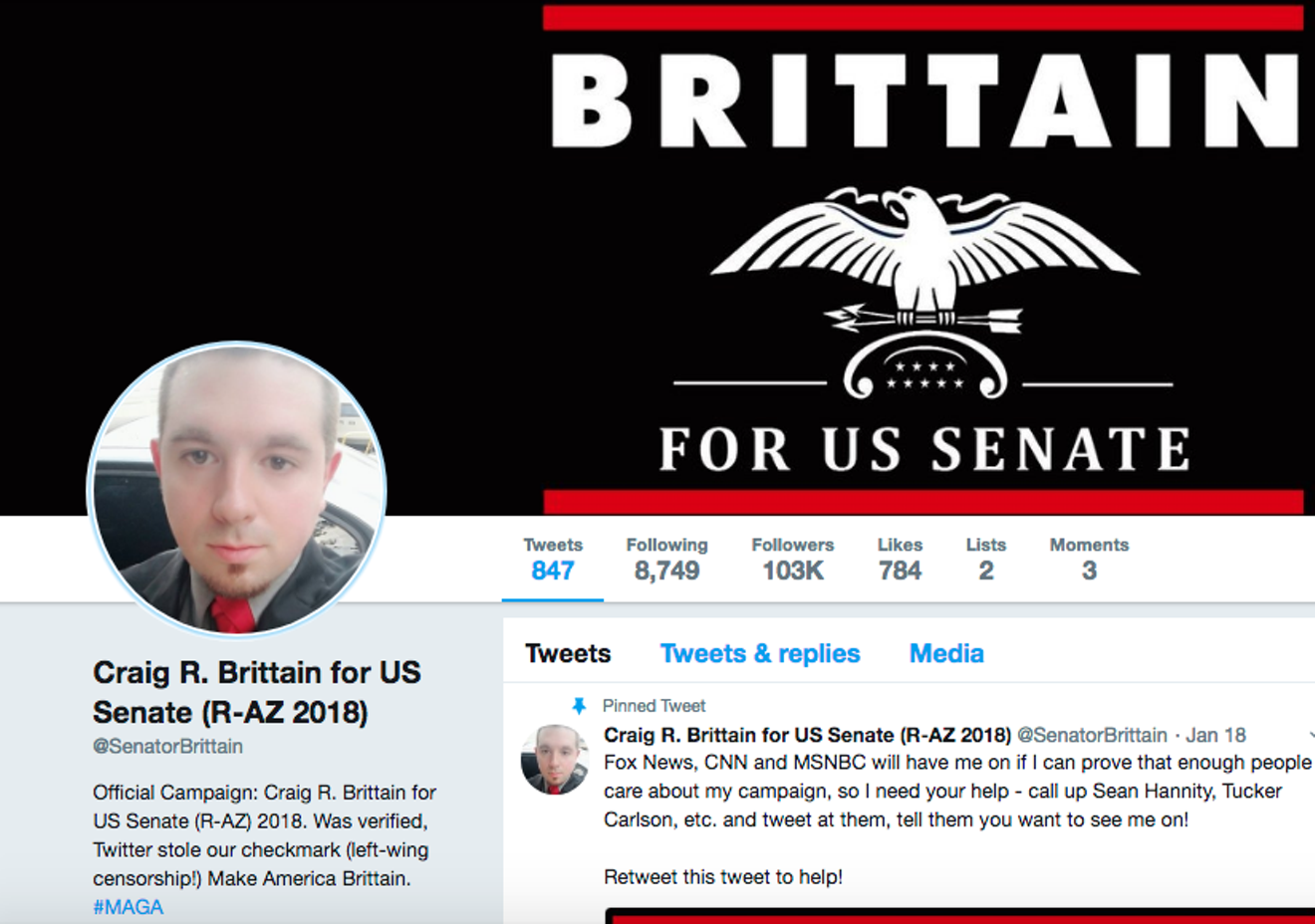 Arizona Senate candidate Craig Brittain's manic Twitter presence is something to behold.