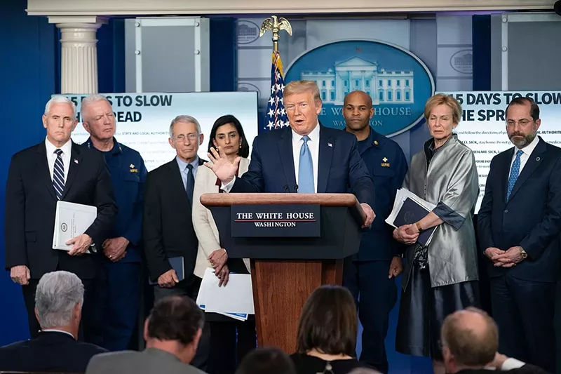 Image: President Donald J. Trump, joined by Vice President Mike Pence and members of the White House Coronavirus Task Force, delivers remarks at a coronavirus update briefing on Monday, March 16. The task force has called for Arizona to take "aggressive" mitigation measures.