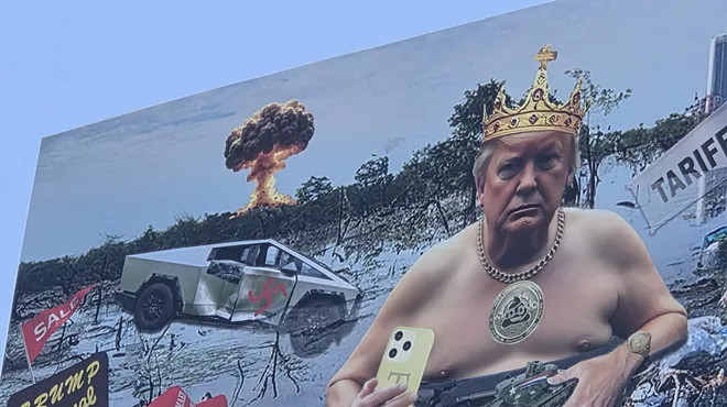 a close-up of a billboard showing donald trump shirtless wearing a crown in a swamp