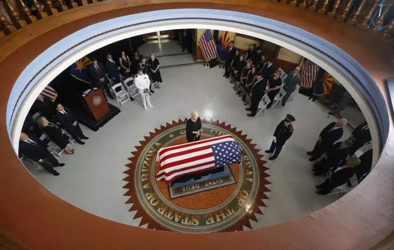 Image: Cindy McCain at the coffin of her husband, John, while his body was lying in state Wednesday.
