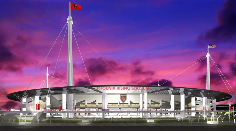 Image: An artist's rendering of the proposed Phoenix Rising stadium, planned at Curry Road in south Scottsdale. Construction is underway on an interim stadium there.
