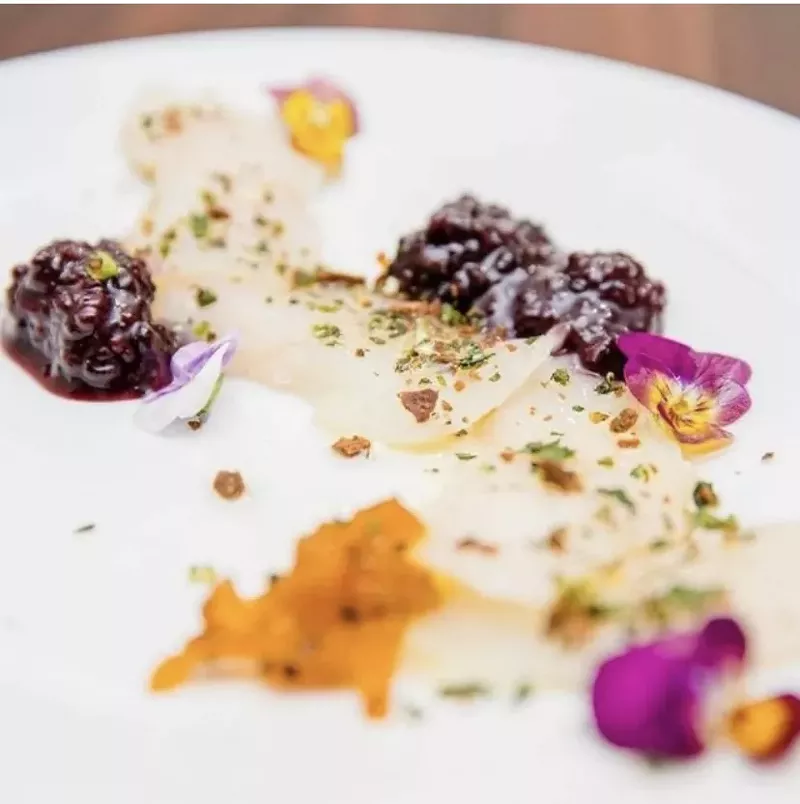 Image: Yelloweye Crudo (Barrel Cactus, Blackberry Mostarda, EVOO & Mesquite Gremolata)