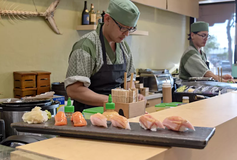 Image: Leo Nakano, with spicy salmon roll in foreground