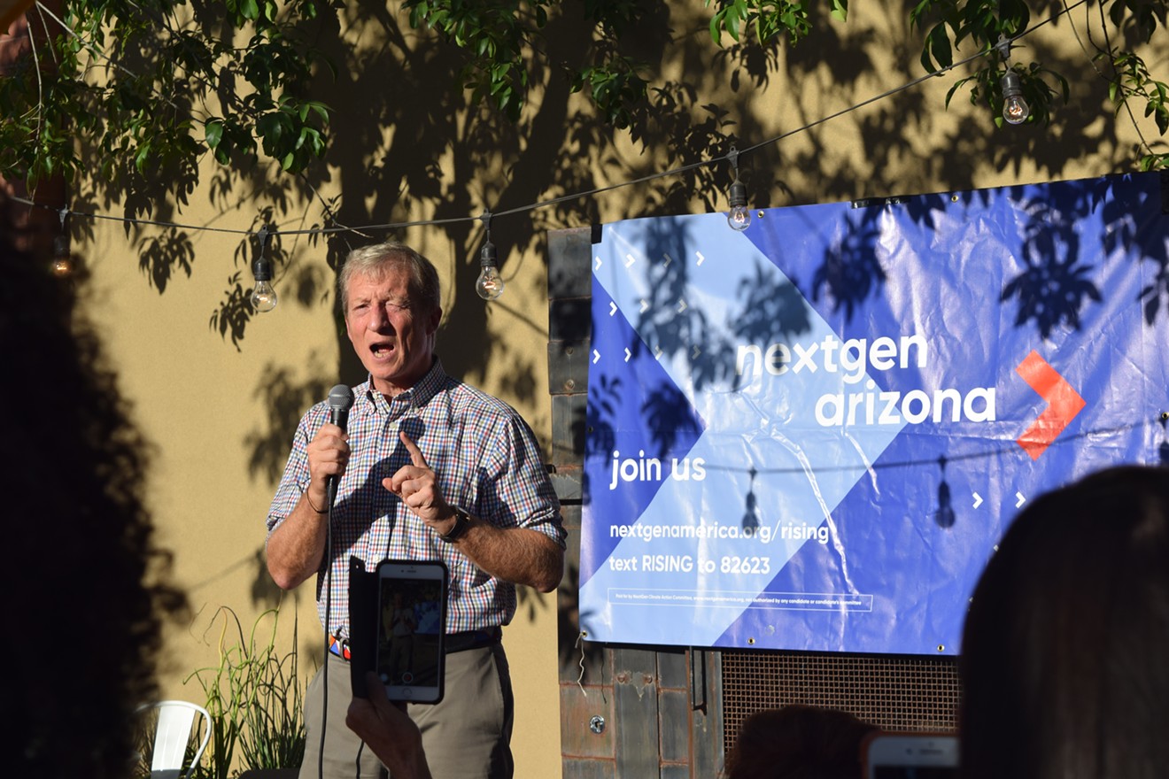 Tom Steyer addresses staff and volunteers with his political action group, NextGen America, in Tempe on Friday.
