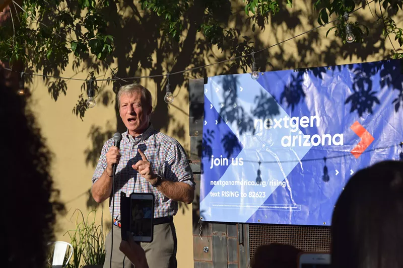 Image: Tom Steyer addresses staff and volunteers with his political action group, NextGen America, in Tempe on Friday.