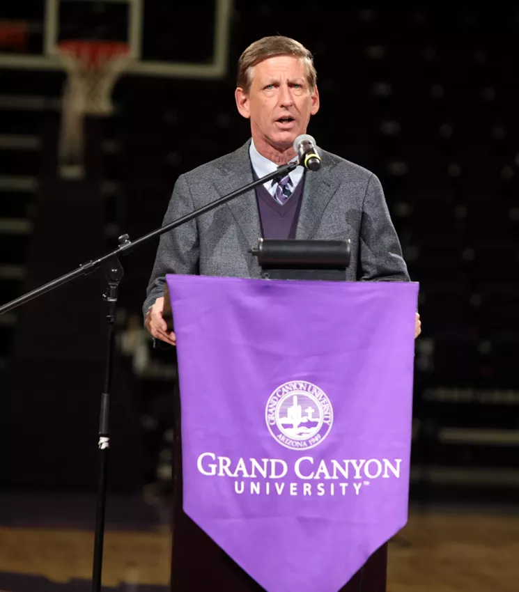 GCU President and CEO Brian Mueller speaking at a 2015 event in the university's basketball arena. - GAGE SKIDMORE/FLICKR