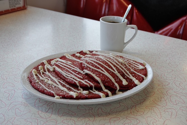 Start your Valentine's Day right with red velvet pancakes at Chase's Diner. - COURTESY OF CHASE'S DINER
